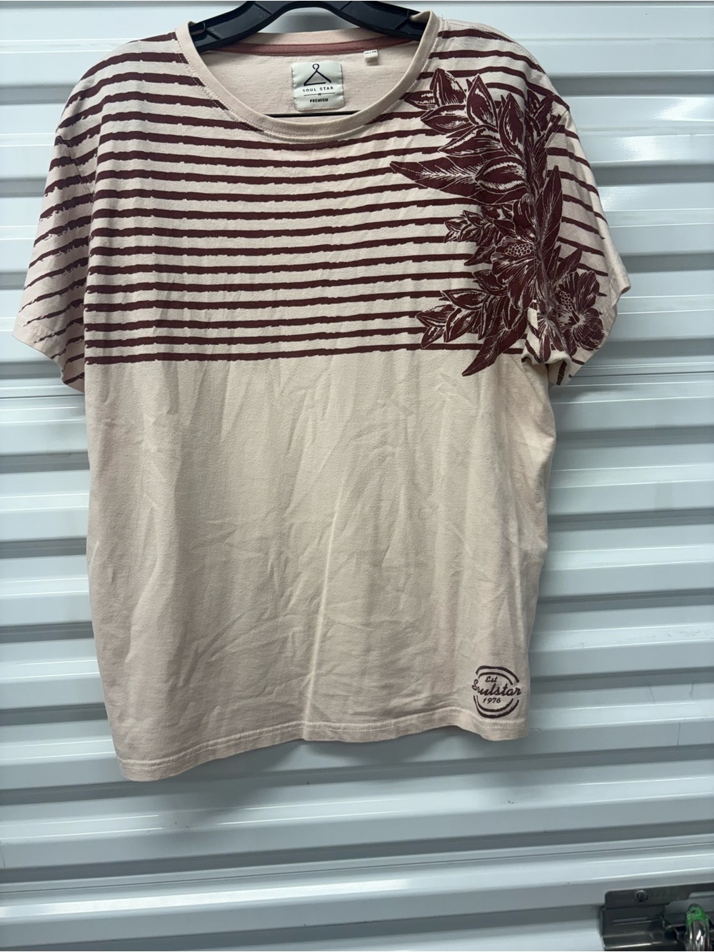 Soul Star Men's XL Beige/Brown Striped Floral Crew Neck Short Sleeve T-Shirt